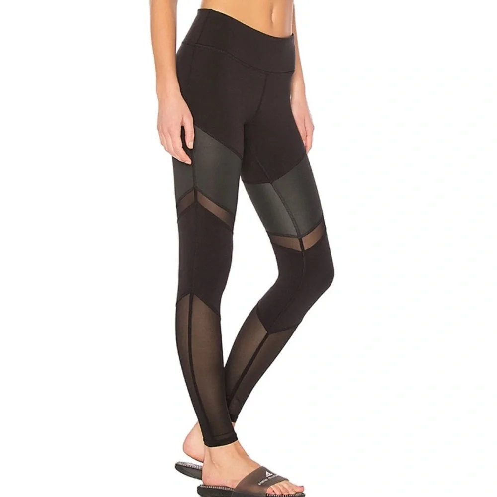 ALO YOGA Black Glossy Sheila‎ Tonal Mesh Panel High-Waist Active Leggings Size S
